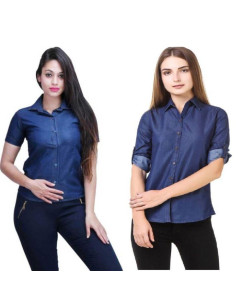 Women's Denim Solid Shirt Buy 1 Get 1 Free  Denim Pattern Solid Blue 